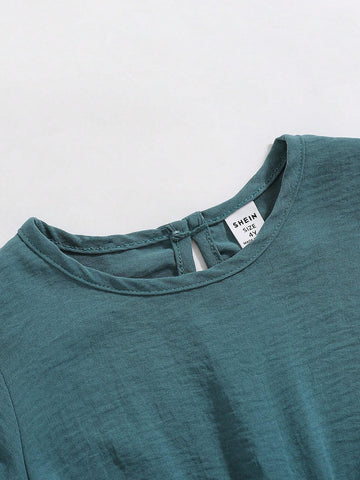 Young Girls Casual Comfortable Asymmetric Ruffle Waist Pleated Solid Color Short Sleeve Dress