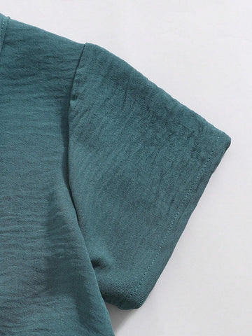 Young Girls Casual Comfortable Asymmetric Ruffle Waist Pleated Solid Color Short Sleeve Dress