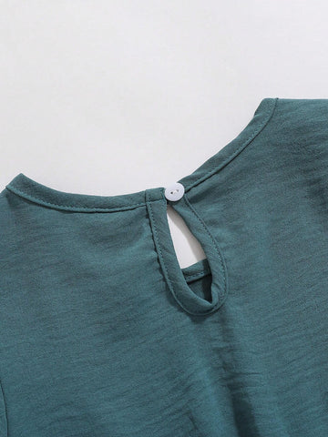 Young Girls Casual Comfortable Asymmetric Ruffle Waist Pleated Solid Color Short Sleeve Dress