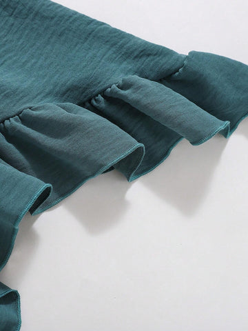 Young Girls Casual Comfortable Asymmetric Ruffle Waist Pleated Solid Color Short Sleeve Dress