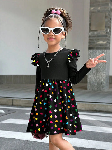 Young Girls' Casual Comfortable Knit Colorful Heart Print Crew Neck Long Sleeve Dress