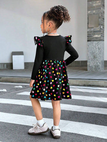Young Girls' Casual Comfortable Knit Colorful Heart Print Crew Neck Long Sleeve Dress