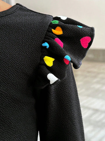 Young Girls' Casual Comfortable Knit Colorful Heart Print Crew Neck Long Sleeve Dress