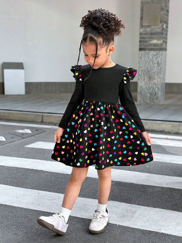 Young Girls' Casual Comfortable Knit Colorful Heart Print Crew Neck Long Sleeve Dress