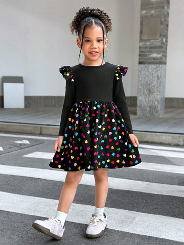 Young Girls' Casual Comfortable Knit Colorful Heart Print Crew Neck Long Sleeve Dress