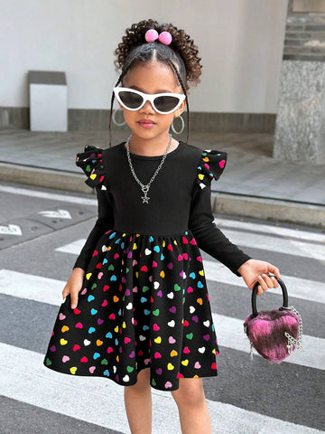Young Girls' Casual Comfortable Knit Colorful Heart Print Crew Neck Long Sleeve Dress