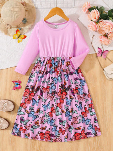 Young Girls Casual Comfortable Solid Color Round Neck Long Sleeve Butterfly Print Hem Dress