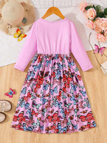 Young Girls Casual Comfortable Solid Color Round Neck Long Sleeve Butterfly Print Hem Dress