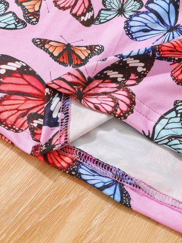 Young Girls Casual Comfortable Solid Color Round Neck Long Sleeve Butterfly Print Hem Dress