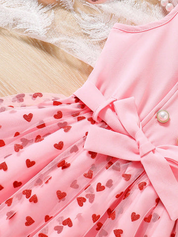 Young Girls Casual Commuter Red Double-Breasted Dress With Delicate Flocked Heart Net Mesh Hem, White Net And Red Heart Flocked Accents