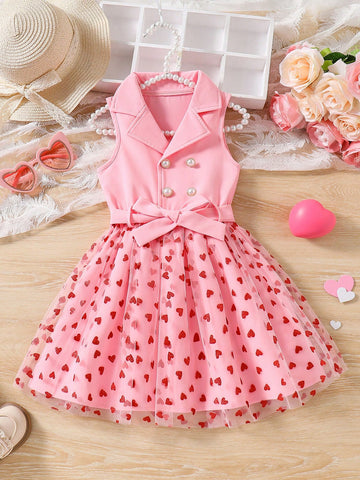 Young Girls Casual Commuter Red Double-Breasted Dress With Delicate Flocked Heart Net Mesh Hem, White Net And Red Heart Flocked Accents