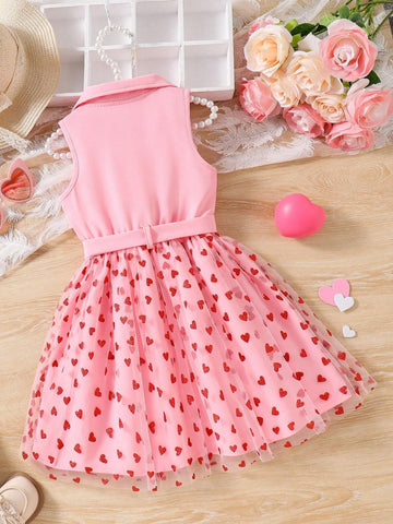 Young Girls Casual Commuter Red Double-Breasted Dress With Delicate Flocked Heart Net Mesh Hem, White Net And Red Heart Flocked Accents