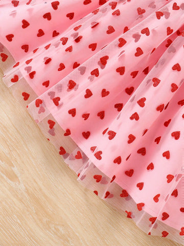 Young Girls Casual Commuter Red Double-Breasted Dress With Delicate Flocked Heart Net Mesh Hem, White Net And Red Heart Flocked Accents