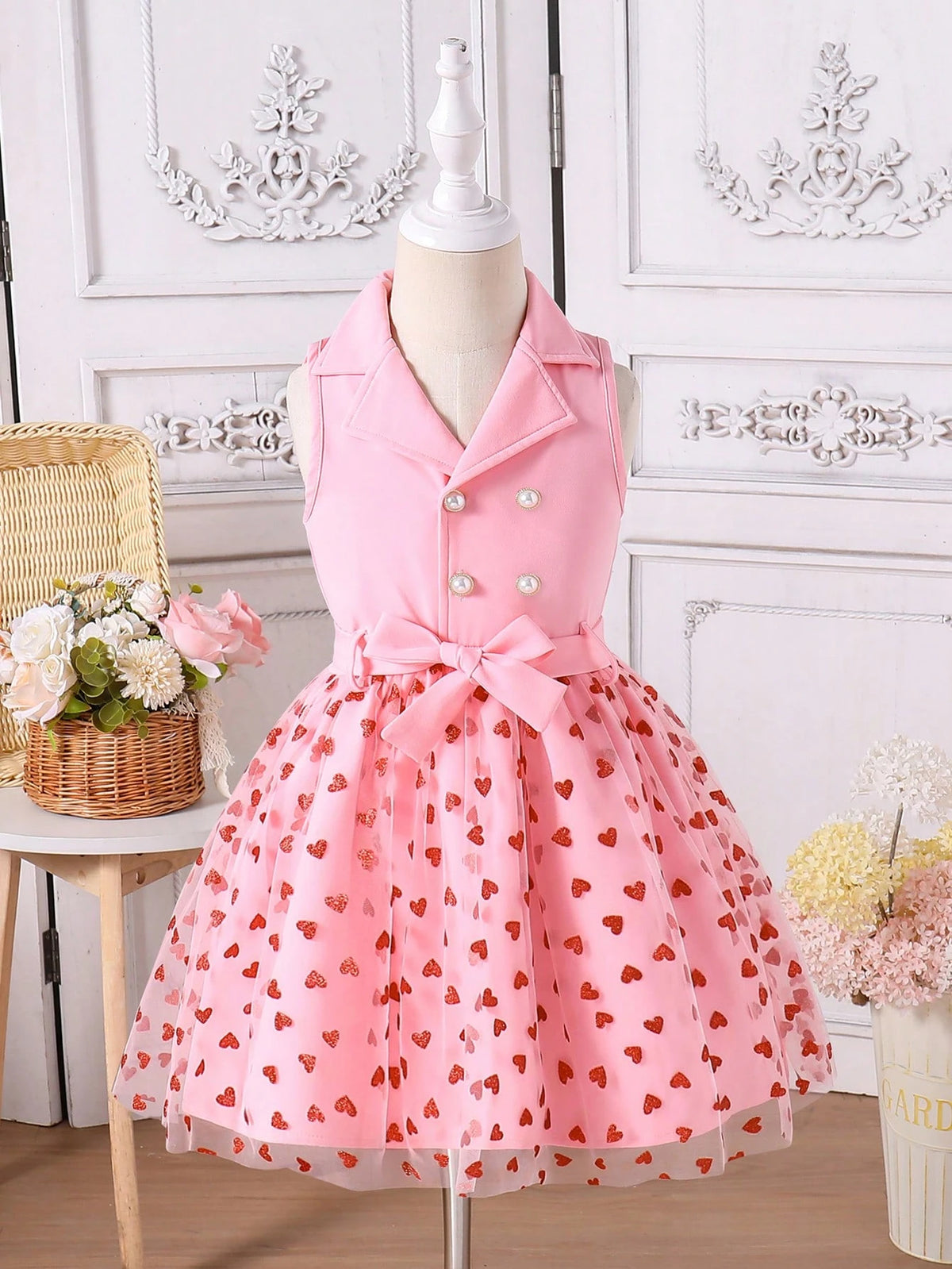 Young Girls Casual Commuter Red Double-Breasted Dress With Delicate Flocked Heart Net Mesh Hem, White Net And Red Heart Flocked Accents