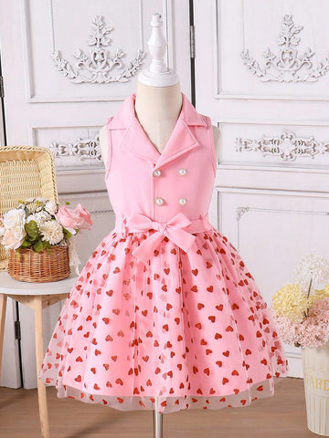 Young Girls Casual Commuter Red Double-Breasted Dress With Delicate Flocked Heart Net Mesh Hem, White Net And Red Heart Flocked Accents