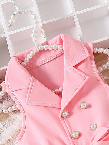 Young Girls Casual Commuter Red Double-Breasted Dress With Delicate Flocked Heart Net Mesh Hem, White Net And Red Heart Flocked Accents