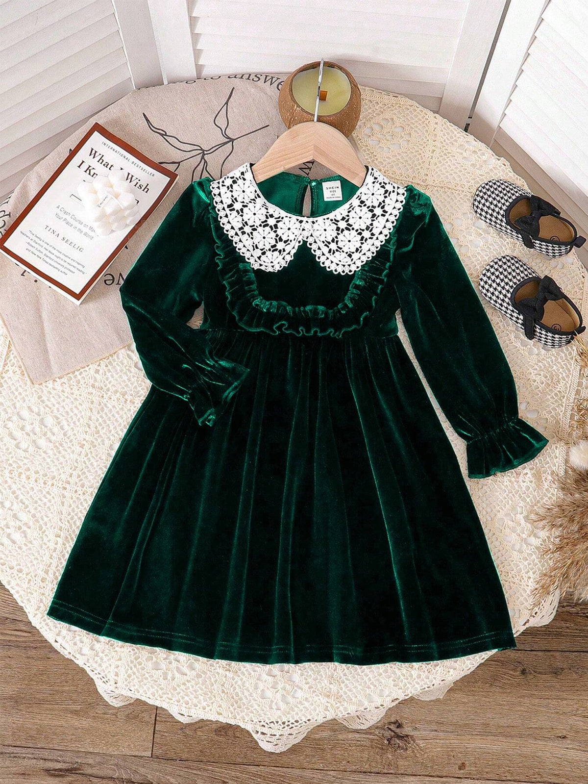 Young Girls Casual Crew Neck Long Sleeve Velvet Ruffle Maxi Dress, Black, Suitable For Autumn/Winter