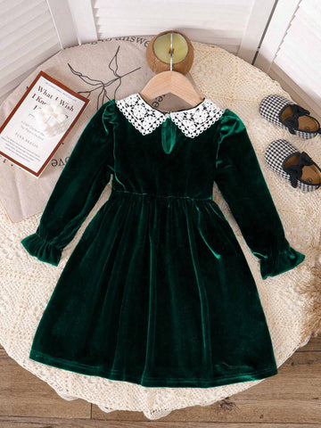 Young Girls Casual Crew Neck Long Sleeve Velvet Ruffle Maxi Dress, Black, Suitable For Autumn/Winter