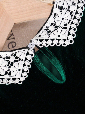 Young Girls Casual Crew Neck Long Sleeve Velvet Ruffle Maxi Dress, Black, Suitable For Autumn/Winter