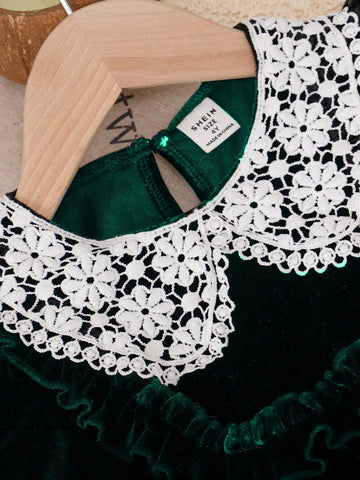 Young Girls Casual Crew Neck Long Sleeve Velvet Ruffle Maxi Dress, Black, Suitable For Autumn/Winter