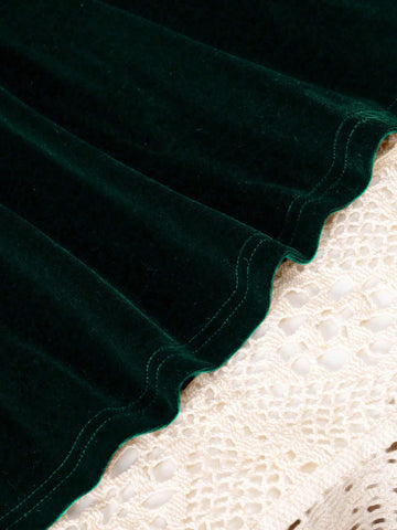 Young Girls Casual Crew Neck Long Sleeve Velvet Ruffle Maxi Dress, Black, Suitable For Autumn/Winter