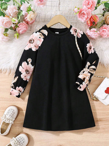 Young Girls Casual Cute 2 In 1 Floral Print Raglan Sleeve A-Line Dress