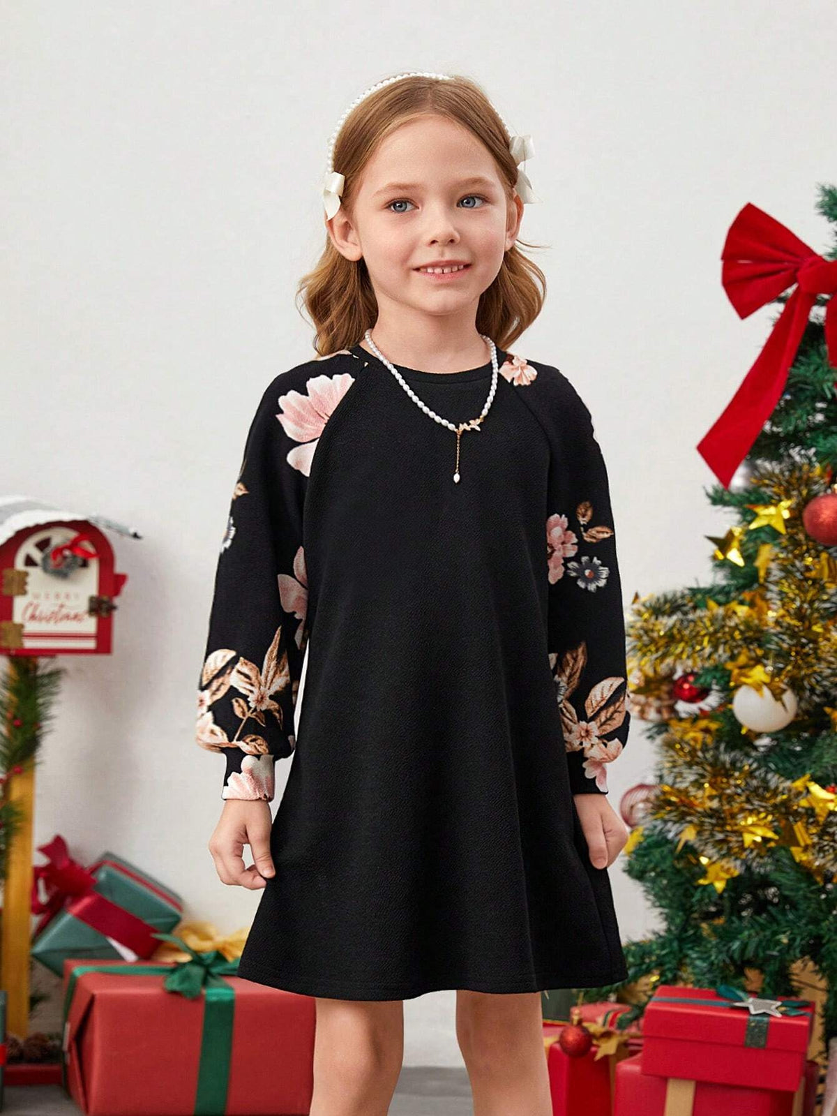 Young Girls Casual Cute 2 In 1 Floral Print Raglan Sleeve A-Line Dress