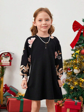 Young Girls Casual Cute 2 In 1 Floral Print Raglan Sleeve A-Line Dress
