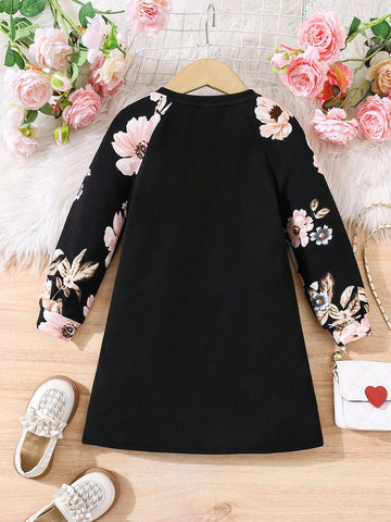 Young Girls Casual Cute 2 In 1 Floral Print Raglan Sleeve A-Line Dress
