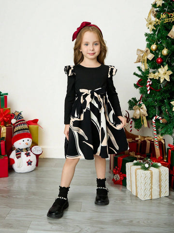 Young Girls Casual Cute 2 In 1 Geometric Pattern Splice Round Collar Ruffle Long Sleeve Dress