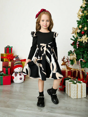 Young Girls Casual Cute 2 In 1 Geometric Pattern Splice Round Collar Ruffle Long Sleeve Dress