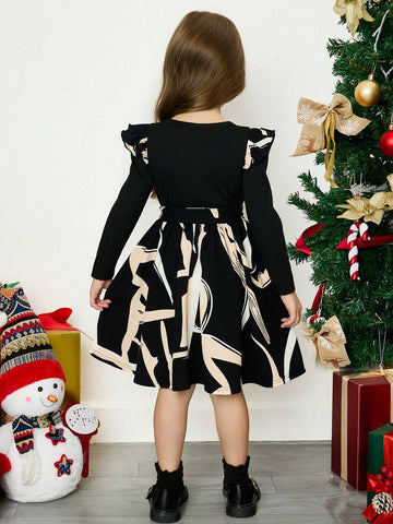 Young Girls Casual Cute 2 In 1 Geometric Pattern Splice Round Collar Ruffle Long Sleeve Dress
