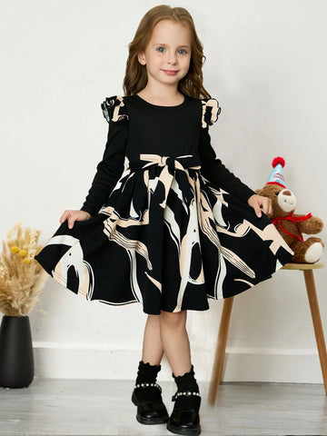 Young Girls Casual Cute 2 In 1 Geometric Pattern Splice Round Collar Ruffle Long Sleeve Dress