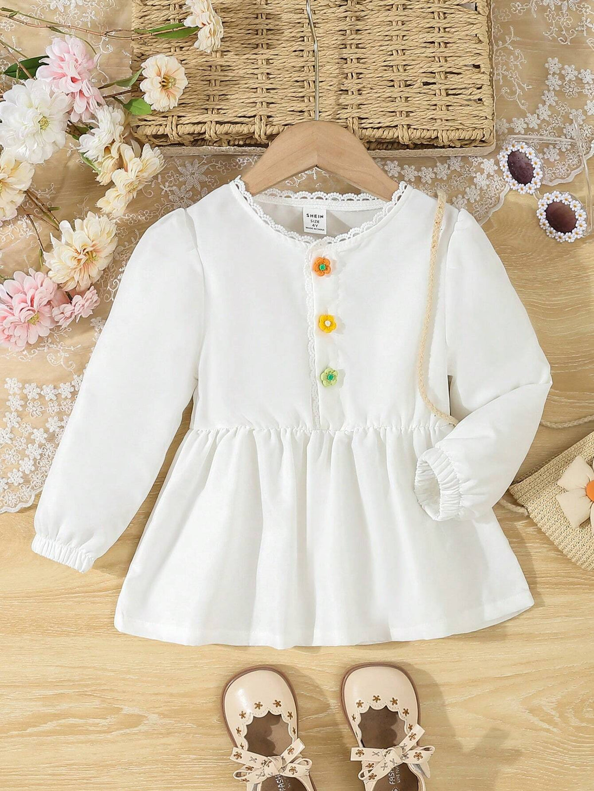 Young Girls' Casual Cute 3D Floral Half-Placket Ruffle Collar Long Sleeve Blouse