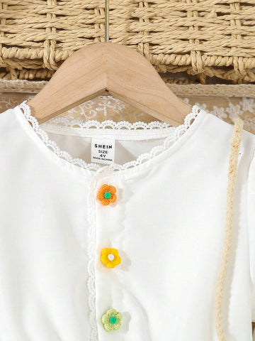 Young Girls' Casual Cute 3D Floral Half-Placket Ruffle Collar Long Sleeve Blouse