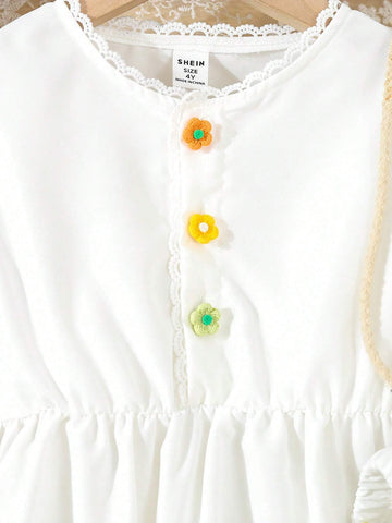 Young Girls' Casual Cute 3D Floral Half-Placket Ruffle Collar Long Sleeve Blouse