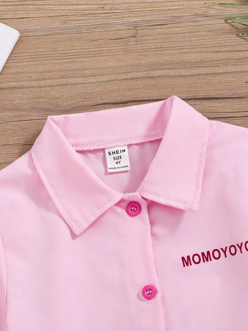 Young Girls Casual Cute Letter Print Pink Long Sleeve Blouse