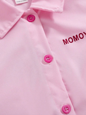 Young Girls Casual Cute Letter Print Pink Long Sleeve Blouse