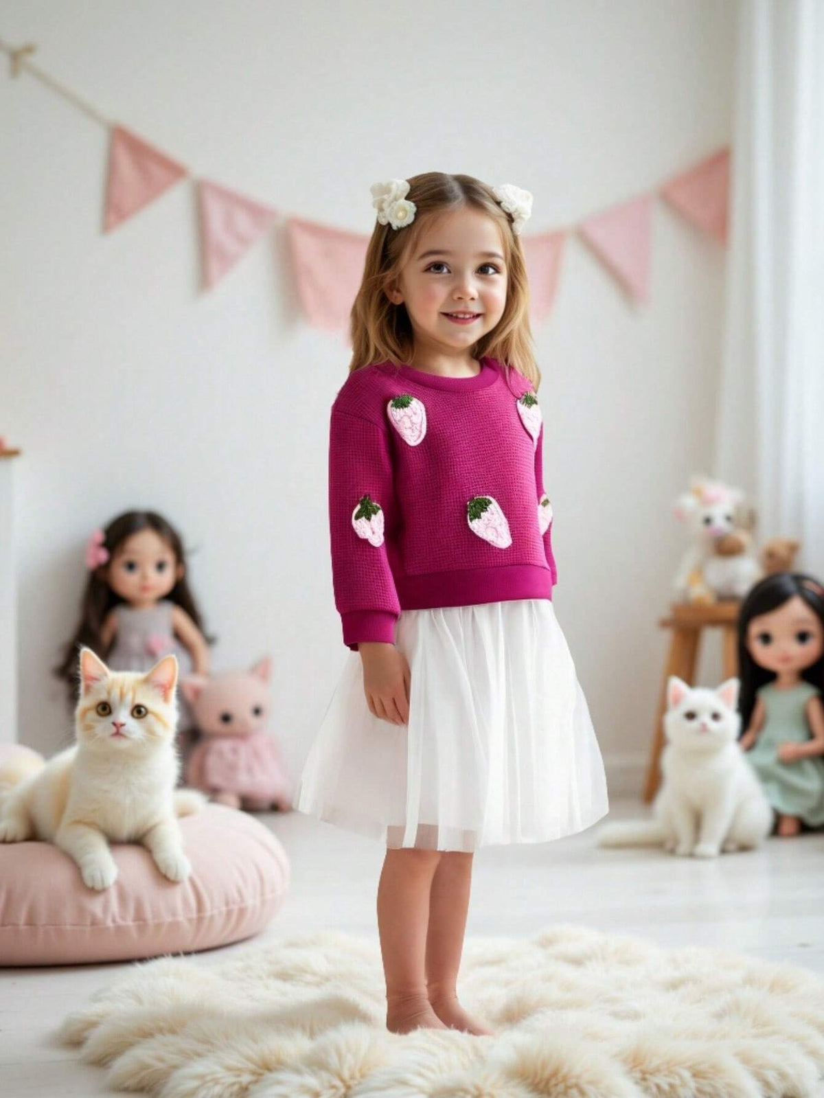 Young Girls Casual Cute Strawberry Decor Elegant Mesh Dress