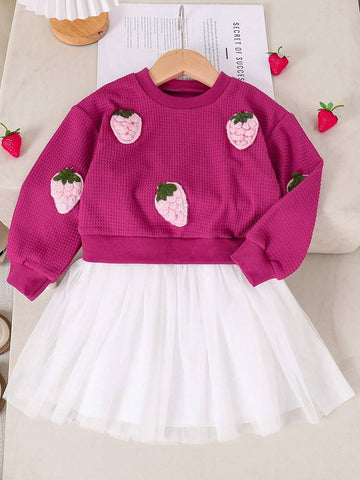 Young Girls Casual Cute Strawberry Decor Elegant Mesh Dress