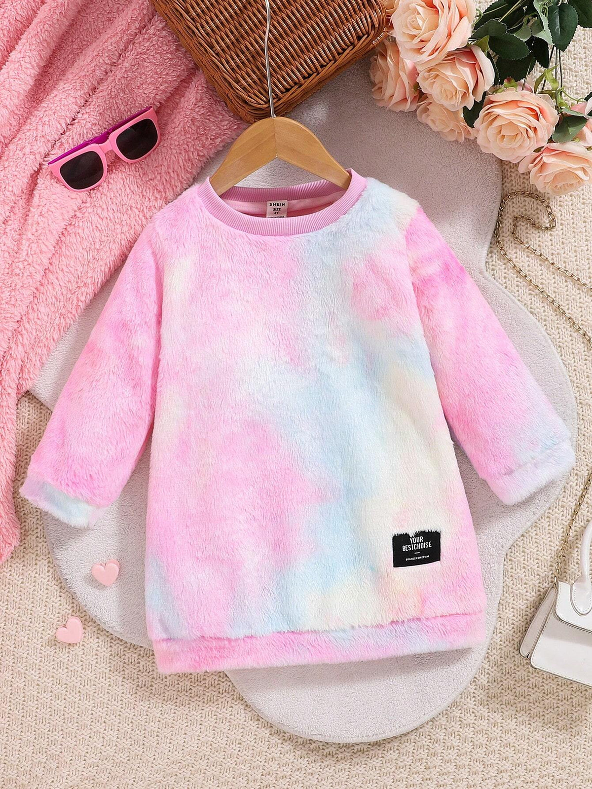 Young Girls Casual Cute Tie-Dye Fuzzy Long Sleeve Dress