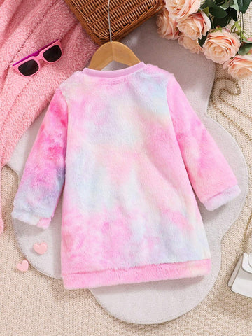 Young Girls Casual Cute Tie-Dye Fuzzy Long Sleeve Dress