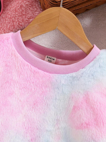 Young Girls Casual Cute Tie-Dye Fuzzy Long Sleeve Dress