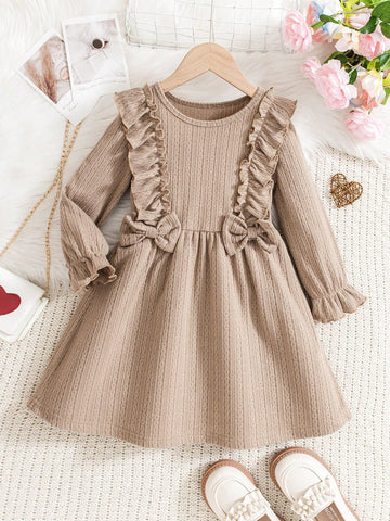 Young Girls Casual Daily Knit Ruched Hem Dress With Unique Pleated & Bow Decor, Comfortable Fabric Suitable For Family Gatherings