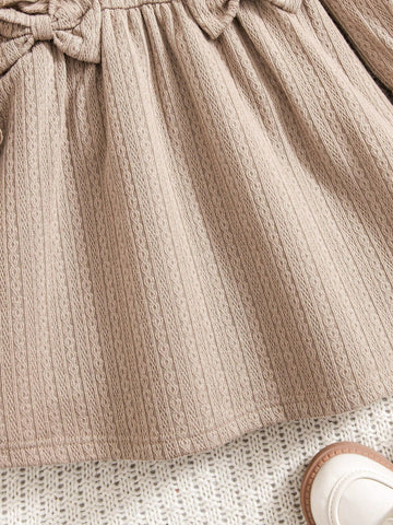 Young Girls Casual Daily Knit Ruched Hem Dress With Unique Pleated & Bow Decor, Comfortable Fabric Suitable For Family Gatherings