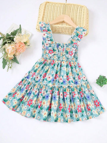 Young Girls Casual Ditsy Floral Ruffles Trim Camisole Dress