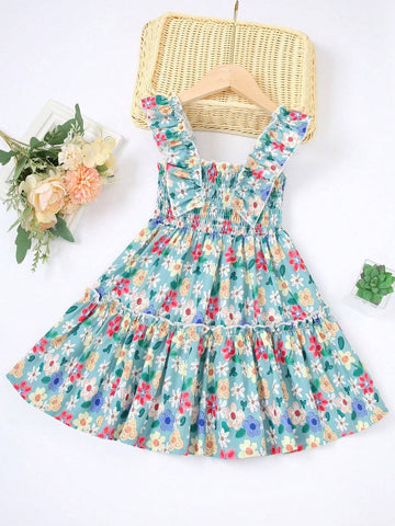 Young Girls Casual Ditsy Floral Ruffles Trim Camisole Dress