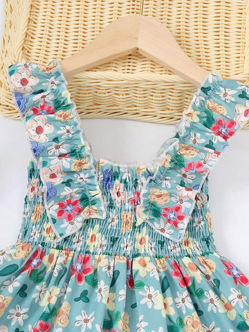 Young Girls Casual Ditsy Floral Ruffles Trim Camisole Dress