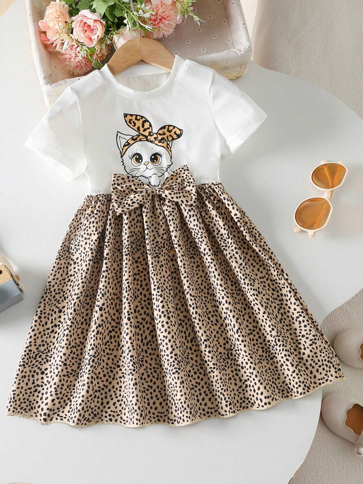 Young Girls' Casual Fashion Daily Streetwear Round Neck Short Sleeve Waisted Kitty & Leopard Print Bow Dress, Summer