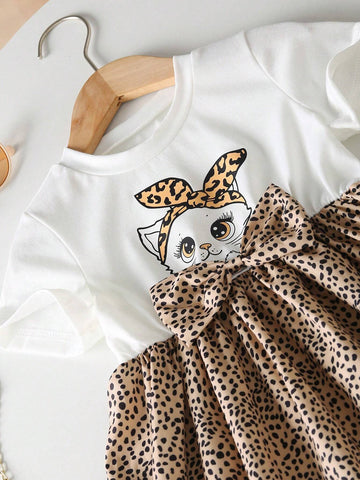 Young Girls' Casual Fashion Daily Streetwear Round Neck Short Sleeve Waisted Kitty & Leopard Print Bow Dress, Summer